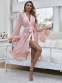 Fuzzy Trim Belted Mesh Sleep Robe Without Lingerie