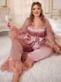 Plus Size Patchwork Mesh Heart Print Flare Sleeve Belted Pajama Set