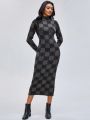 CreativeWingy Women's High Neck Plaid Slim Fit Sweater Dress With Hip-hugging Design