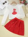 2pcs/Set Tween Girls' Elegant Round Neck Flying Sleeve Fitted T-Shirt And Glitter A-Line Elastic Waist Skirt With Printed Pattern
