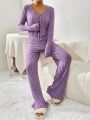 SHEIN Essnce Ladies' Fashionable Purple Ribbed Two-Piece Outfit