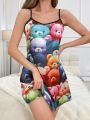 Women'S Cartoon Bear Printed Spaghetti Strap Sleep Dress