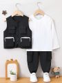 SHEIN 3pcs/set Boys' Vintage Streetwear Style Cargo Vest, White Long Sleeve Top & Pants With Multiple Pockets