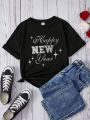 Teen Girls' Casual New Year Slogan Printed Short Sleeve T-Shirt