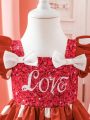 Baby Girl Valentine'S Day Polka Dot & Letter Print Tulle Patchwork Bowknot Dress With Imitation Pearls