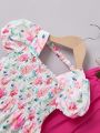 SHEIN Kids QTFun Toddler Girls' Floral Pattern Square Neck Blouse With Flared Pants Set