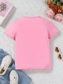 SHEIN Kids EVRYDAY Little Girls' Round Neck Casual Short Sleeve T-shirt With Letter & Heart Print For Summer