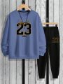 Extended Sizes Men's Blue Round Neck Long Sleeve Letter Print Sweatshirt And Sweatpants Two Piece Set