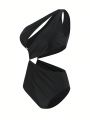 SHEIN Swim BAE Women's Stylish Black One-shoulder Cut-out Swimsuit