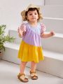 SHEIN Baby Girls' Casual Color Block Short Puff Sleeve Puff Dress For Summer Vacation
