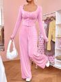 SHEIN Qutie Pink Knitted Lettuce Hem Edge Two Pieces Set