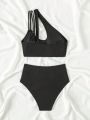 SHEIN Swim BAE One Shoulder Ribbed Knit Ruched Bikini Swimsuit Set