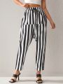 MUSE BY MONET Black And White Denim Striped Drawstring Drop Crotch (Harem) Pants.