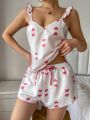 Ladies' Pajama Set With Heart Printed Pattern And Bowknot Decoration