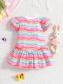 Baby Girl Valentine's Day Rainbow Striped Dress With Butterfly Embroidery