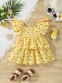 Comfortable, Cute And Stylish Texture Fabric Polka Dot Printed Elastic Cuff Layered Baby Girl Dress