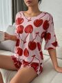 Cherry Print Drop Shoulder Ruffle Trim PJ Set