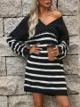 Striped Pattern Drop Shoulder Sweater Dress