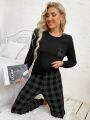 Women's Plaid Print Long Sleeve Homewear Set With Pockets