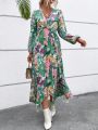 SHEIN VCAY Floral Print Twist Front Lantern Sleeve Hanky Hem Dress