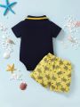 Baby Boy's Summer Handsome Knit Colorblocking Polo Romper And Cute Turtle Print Shorts Outfit Set