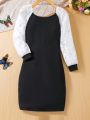 SHEIN Kids Cooltwn Girls' Lace Patchwork Long Sleeve Bodycon Dress