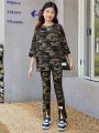 SHEIN Kids EVRYDAY Girls' Knitted Camouflage Round Neck Loose T-shirt And Leggings Set