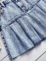 Tween Girl Denim Jacket With Frayed Hem And Pleated Skirt Set