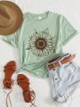 Tween Girls' Casual Sunflower Pattern Short Sleeve T-Shirt With Simple Style, Suitable For Summer