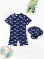 Boys' Whale Cartoon Print One-Piece Swimsuit And Hat