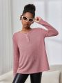 SHEIN Kids Cooltwn Girls' Fashionable Elegant Knitted Solid Color Crew Neck Long Sleeve Top