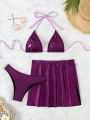 SHEIN Swim Y2GLAM Glitter Triangle Bikini Swimsuit With Beach Skirt