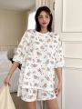 DAZY Cute Pajamas Set With Cartoon Pattern All Over