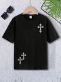 1pc Fashionable Cross Print Basic Round Neck Short Sleeve T-shirt For Boys