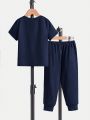 SHEIN Kids EVRYDAY Young Boy Round Neck Short Sleeve T-Shirt And Long Pants Fashion Casual Set