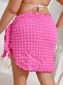 SHEIN Swim Basics Women's Plus Size Solid Color Bubble Knit Cardigan & Skirt Set With Knot Detail