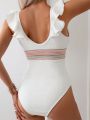 SHEIN Swim Chicsea Women'S Patchwork Woven Belt & Ruffle Trim & V-Neck Decoration One-Piece Swimsuit