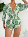 SHEIN Swim BohoFeel Women'S Tropical Printed Cover Up Jumpsuit With Drawstring Hem