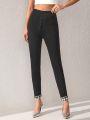 K by AKW High-Waisted Black Denim Jeans With Optional Houndstooth Cuff