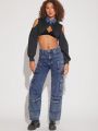 Luxe Cold Shoulder Super Crop Denim Jacket Without Bra