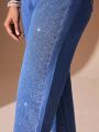 SHEIN BAE Crystal Rhinestone Decorated Tapered Leg Denim Pants