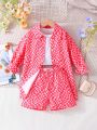 Toddler Girls' Trendy Geometric Pattern Printed Shirt With Vest And Shorts Set For Spring/Summer