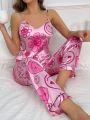 Heart & Floral Print Satin PJ Set