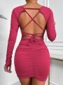 SHEIN Essnce Lace Up Backless Ruched Bodycon Dress