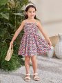 SHEIN Young Girl Woven Floral Print Spaghetti Strap Fit & Flare Dress