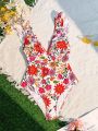 SHEIN Swim Vcay Ladies' One-Piece Swimsuit With Floral Print And Frill Edges