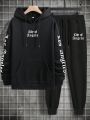 Extended Sizes Men's Hooded Sweatshirt And Pants Two-piece Set With Text Pattern