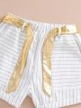 Teen Girl's Bubble Sleeve Top With Reflective Fabric Matching Striped Shorts, 2pcs/Set