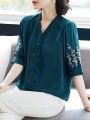 Plus Size Botanical Embroidery Shirt With Scalloped Hem