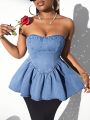 SHEIN SXY Women'S Off-Shoulder Denim Top With Ruffle Hem